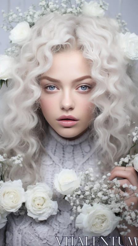 Beautiful White Girl with Curly Hair and Flowers - Monochromatic Composition AI Image