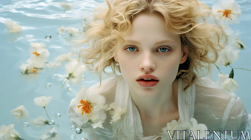 Blonde Girl Swimming in Water with Flower - Ethereal Details AI Image