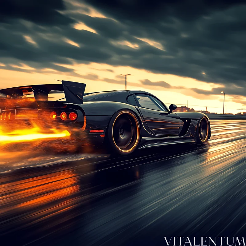 Fiery Trail of a Speeding Sports Car at Sunset AI Image