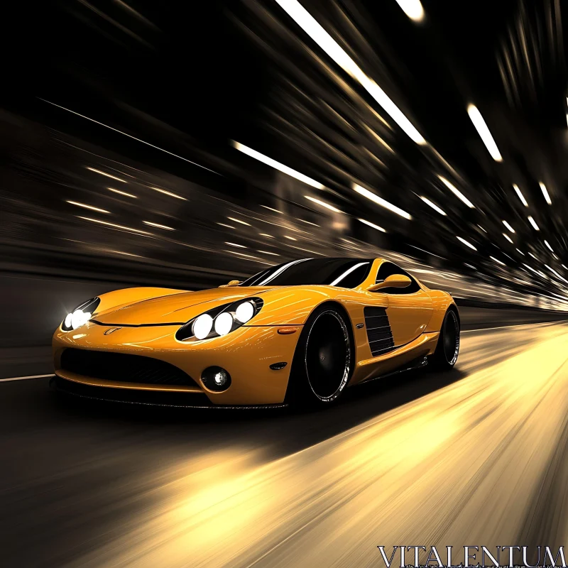 Sleek Yellow Car Speeding at Night AI Image