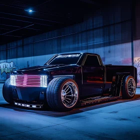 Modern Custom Truck in Cityscape at Night