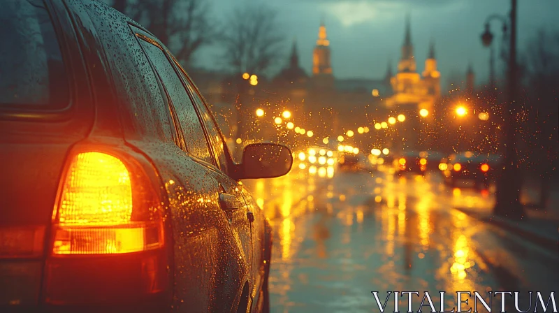 Car Tail Lights in Rain on City Streets AI Image