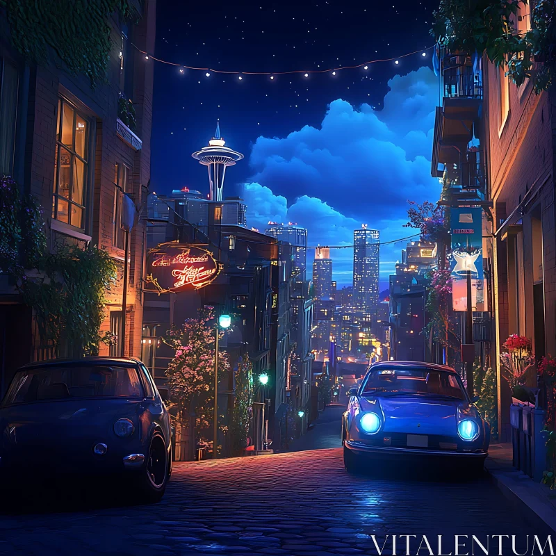 Charming Night Alley with Classic Cars and Cityscape AI Image