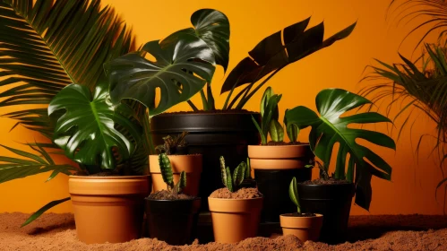 Captivating Potted Plants on Orange Background