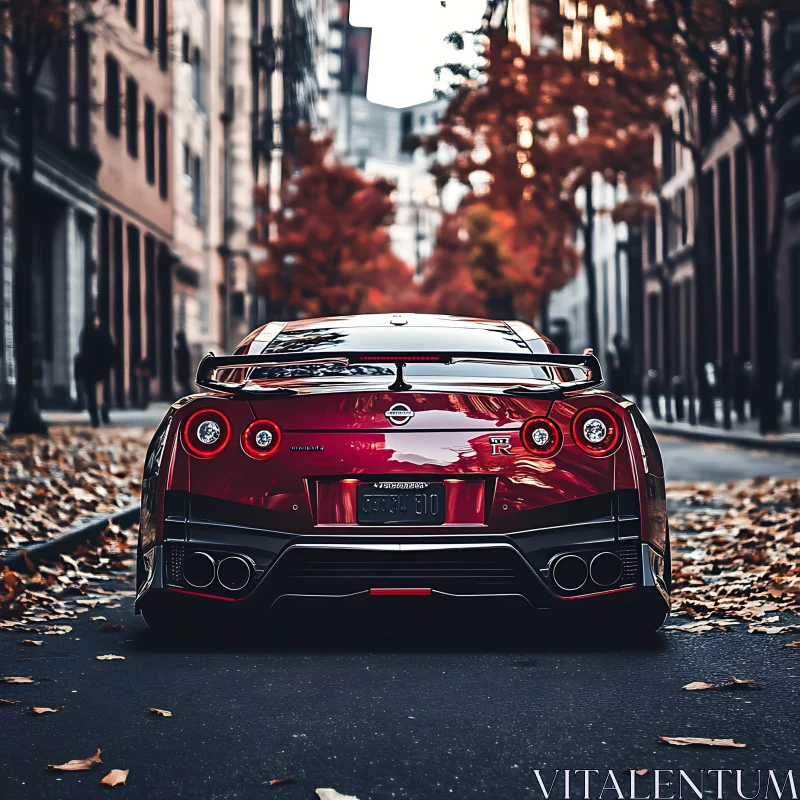 Sleek Red Car in Urban Autumn Setting AI Image