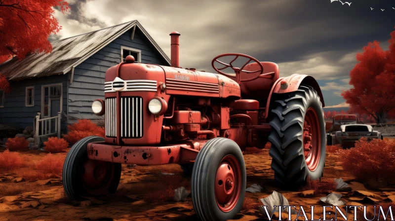 AI ART Vintage Red Tractor in Rural Landscape - Monochromatic Portraiture