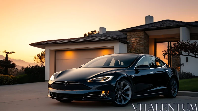 Luxury Electric Vehicle in a Modern Driveway at Dusk AI Image