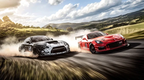 Drifting Sports Cars in Scenic Countryside