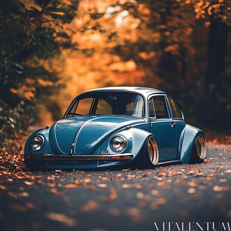 Classic Blue Car in an Autumn Setting AI Image