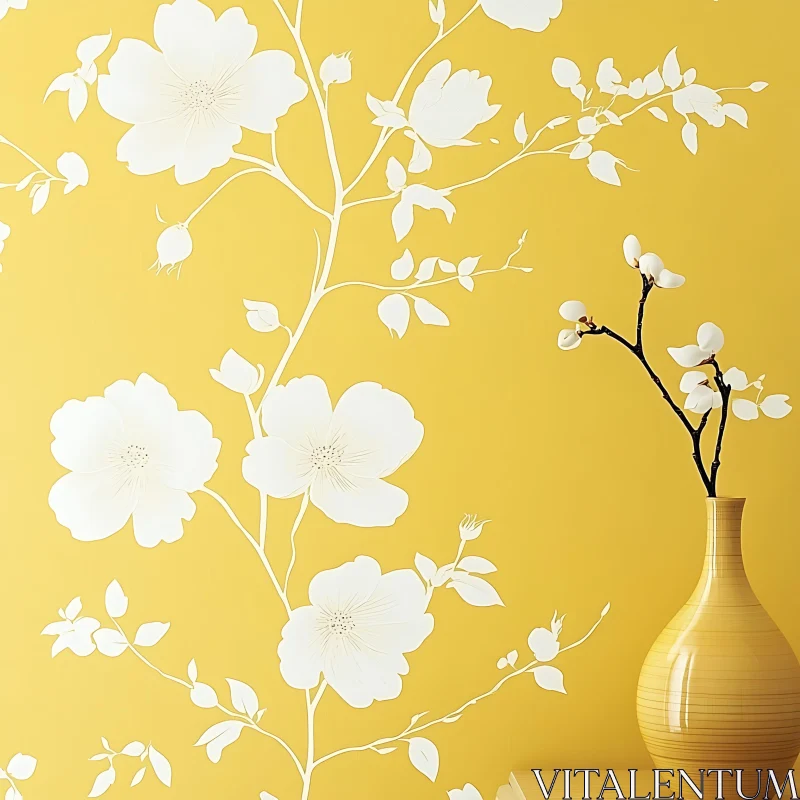 White Blossoms on Vibrant Yellow Decor AI Image