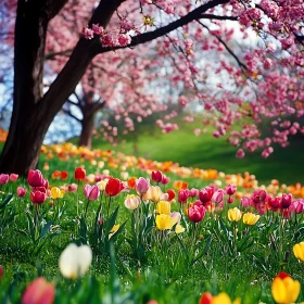 Springtime Garden with Tulips and Blossoming Trees