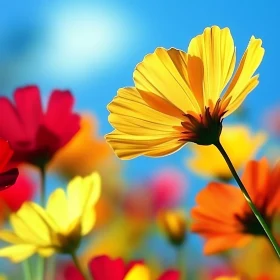 Bright Yellow Flower with Red and Orange Blossoms