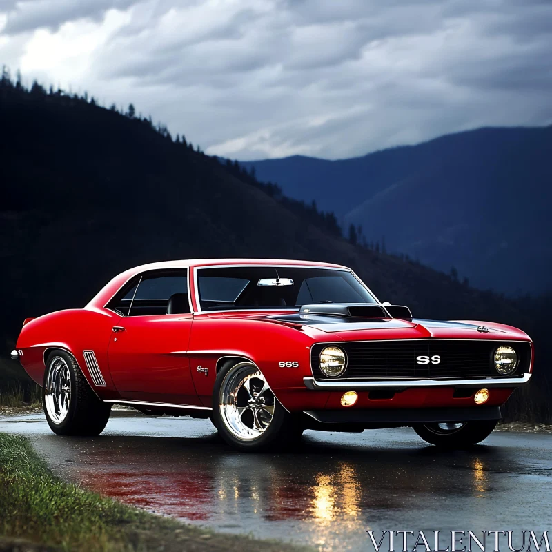 Vintage Red Muscle Car AI Image