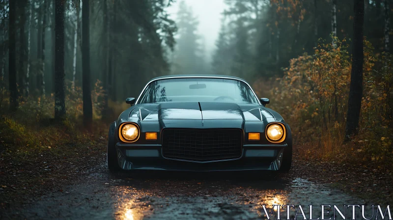 Mysterious Foggy Forest with Classic Car AI Image