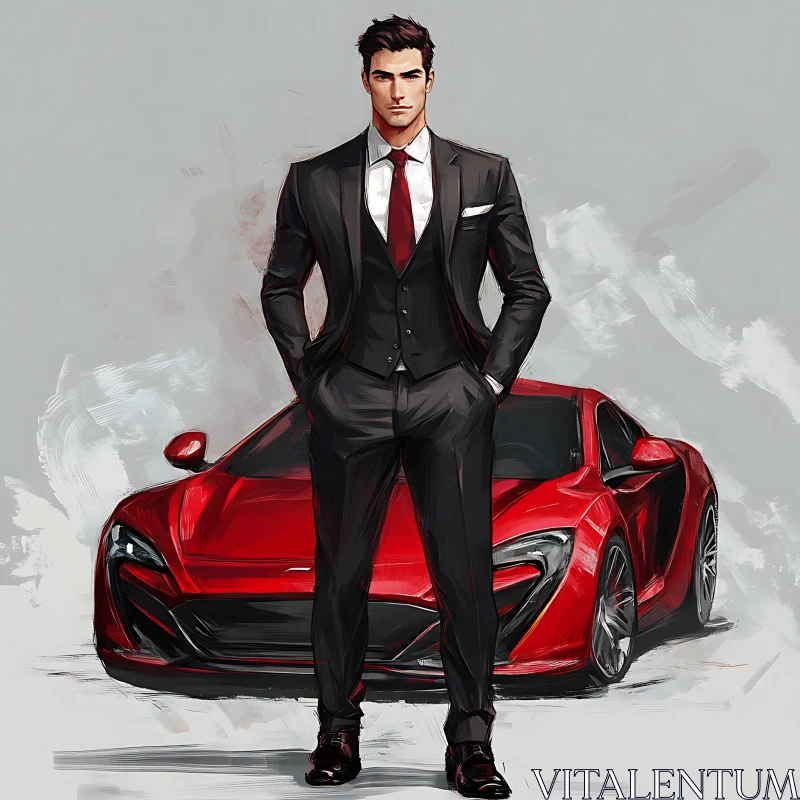 Elegant Man and Luxury Red Sports Car AI Image