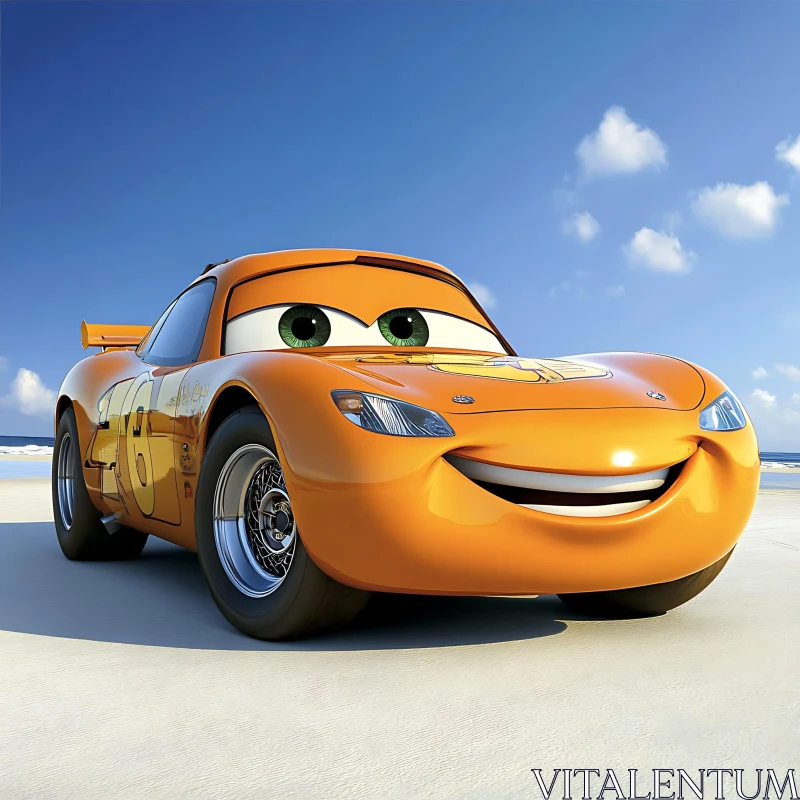 Smiling Cartoon Car on a Sandy Beach AI Image