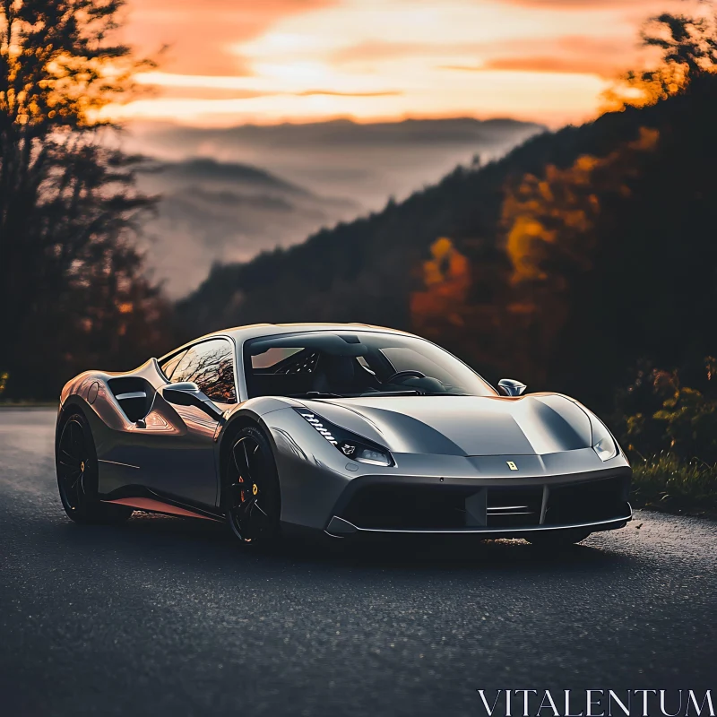 Luxurious Sports Car at Sunset in Scenic Mountain Setting AI Image