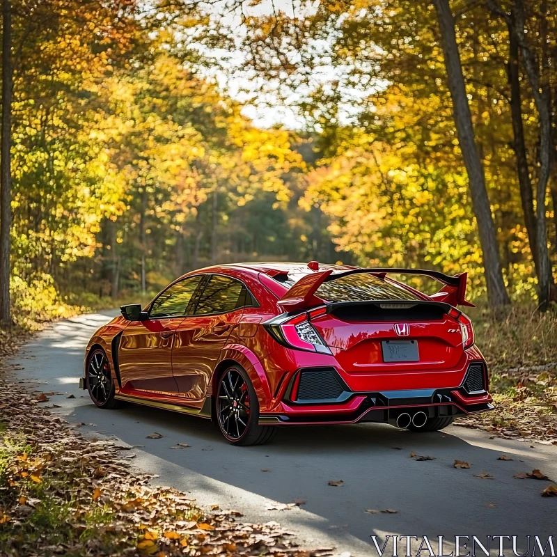 Sleek Red Car in Autumnal Forest AI Image