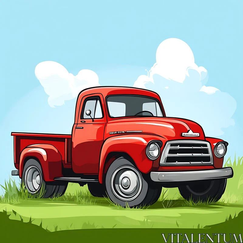 Classic Red Truck on Grass AI Image