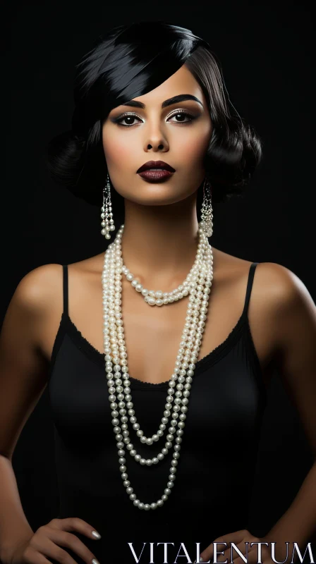 Glamorous Africanamerican Woman with Pearl Necklace | Retro Style AI Image