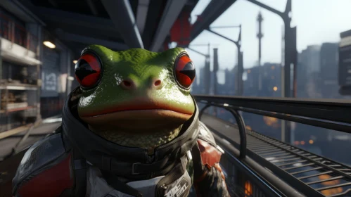 Steelpunk Green Frog in Futuristic City Adventure