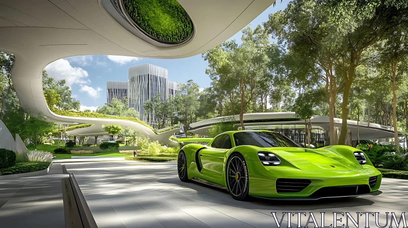 AI ART Modern Green Sports Car in a Futuristic Cityscape