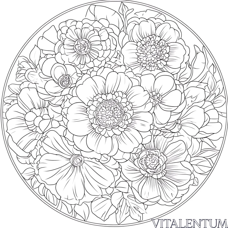 Detailed Floral Line Art in Circular Frame AI Image