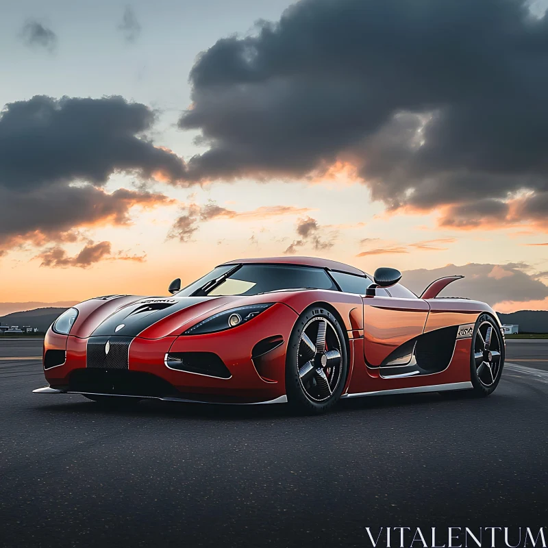 Luxury Red Sports Car During Sunset AI Image