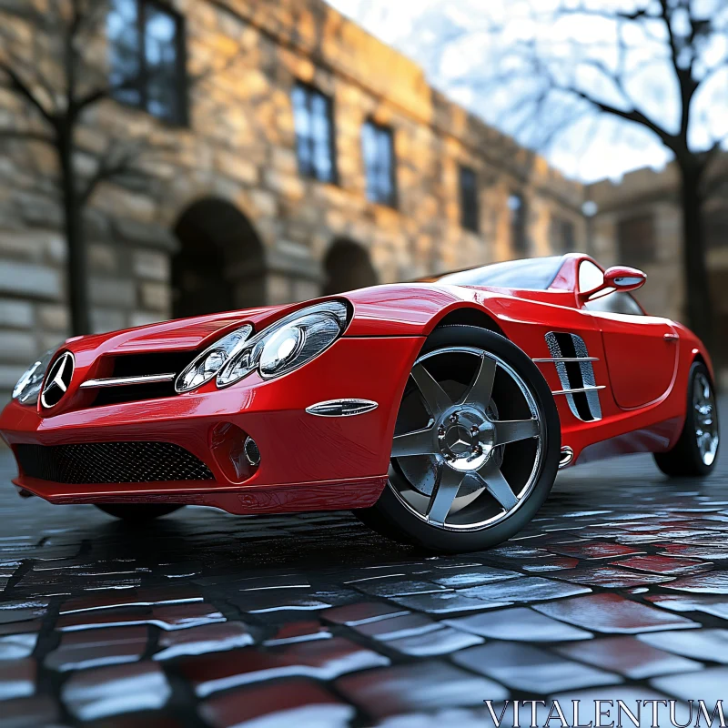 Sleek Red Sports Car in Historic Setting AI Image