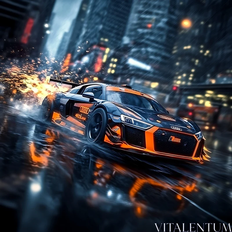 Black and Orange Race Car in Rainy Night City AI Image