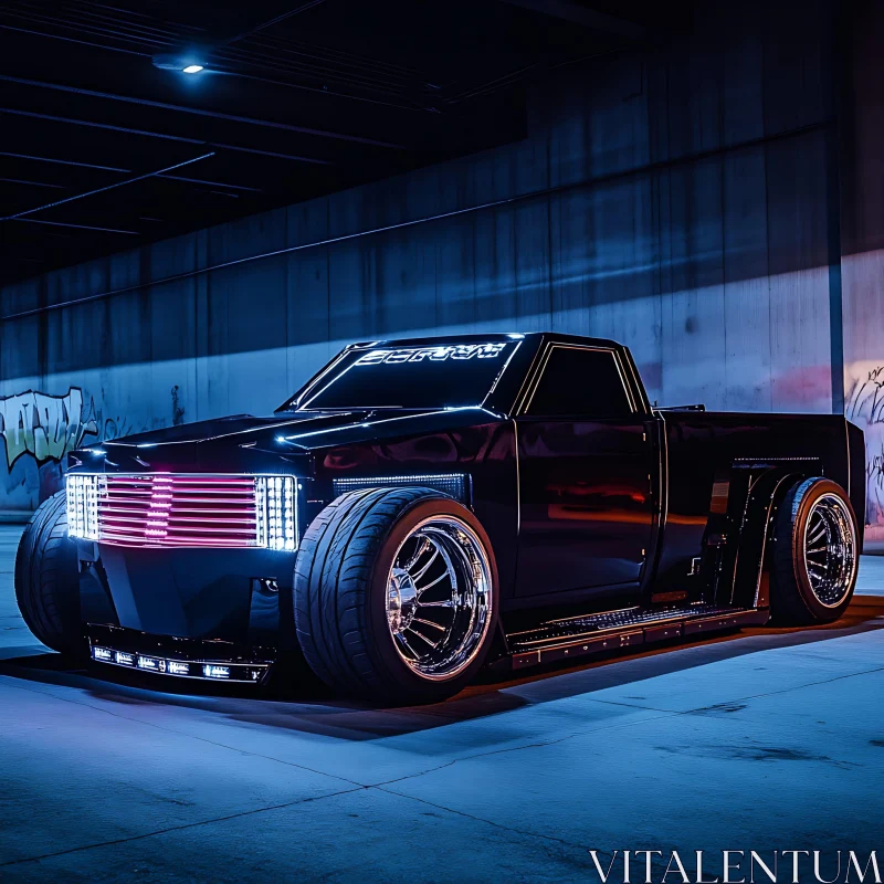 Modern Custom Truck in Cityscape at Night AI Image