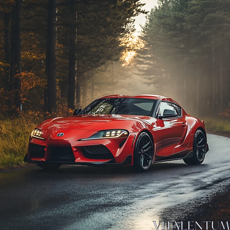 Red Sports Car on a Wet Road in Forest AI Image