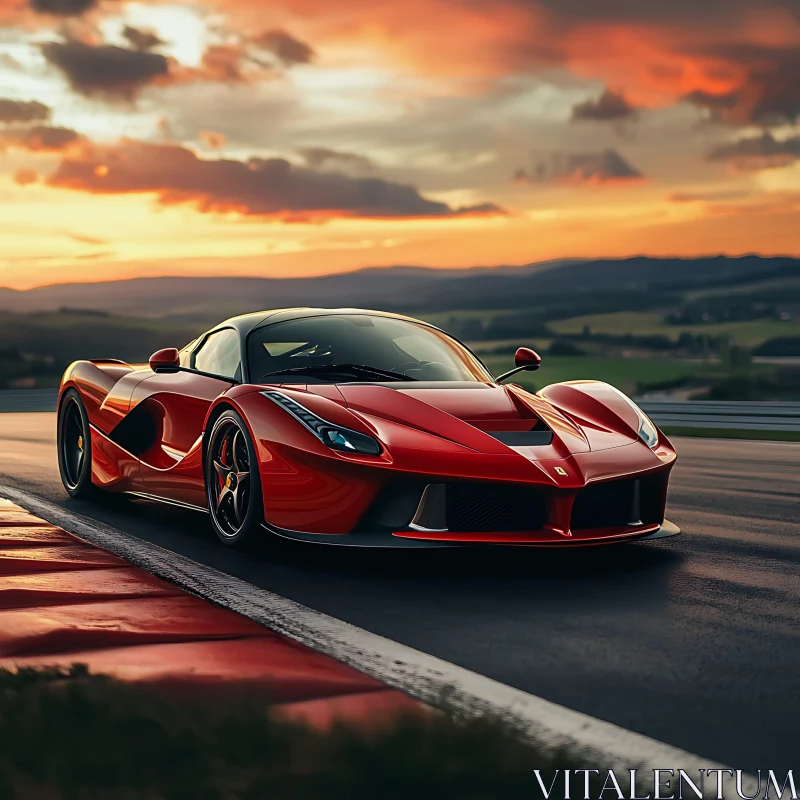 Sleek Red Sports Car at Sunset AI Image