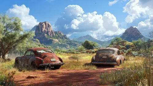 Rusty Vintage Cars in Serene Desert Setting