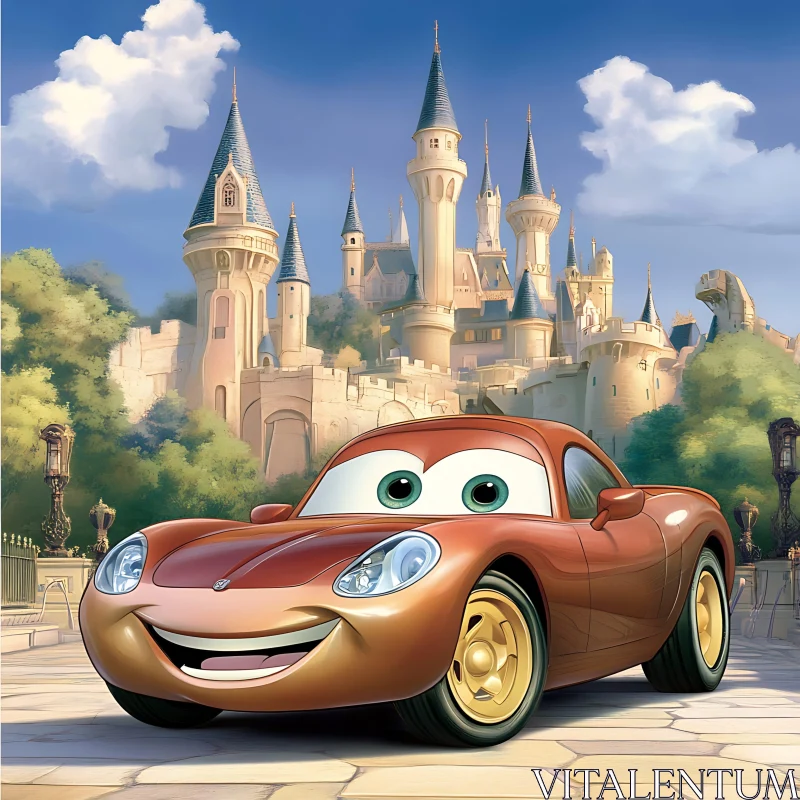 Fantasy Cartoon Car with Castle AI Image