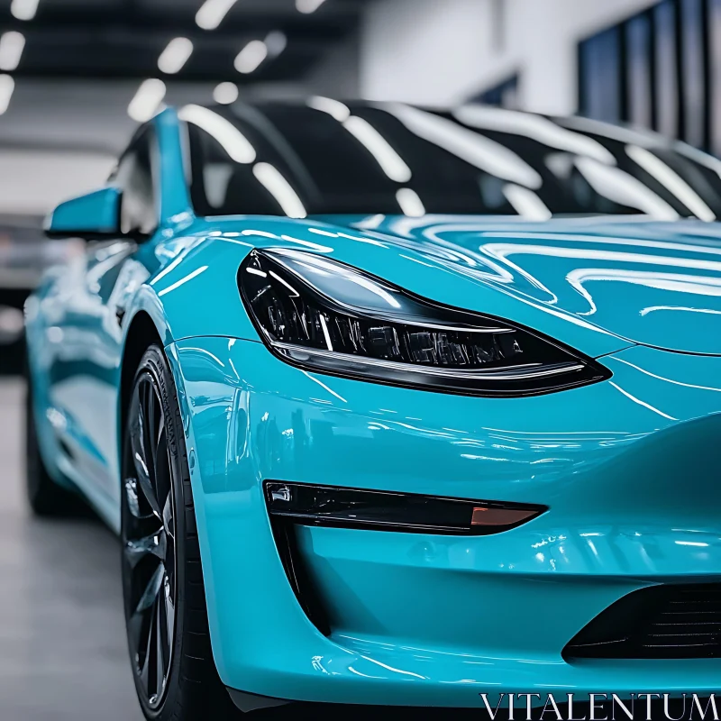 Luxury Blue Electric Vehicle in Indoor Setting AI Image