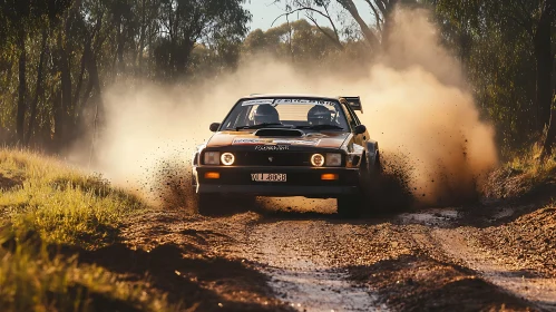 Rally Car in Motion on Forest Dirt Track