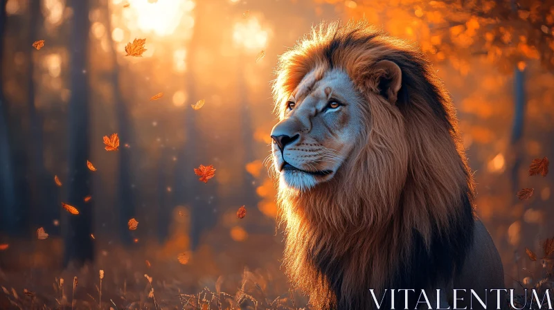 Regal Lion Amidst Falling Leaves AI Image