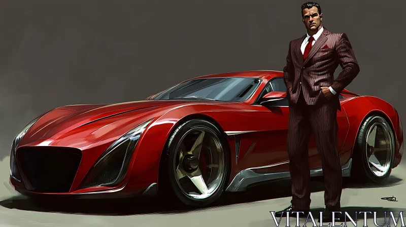 Man in Striped Suit with Red Luxury Car AI Image