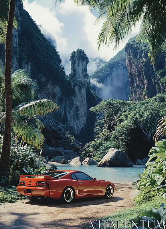 Serene Landscape with Red Car and Stunning Mountains AI Image