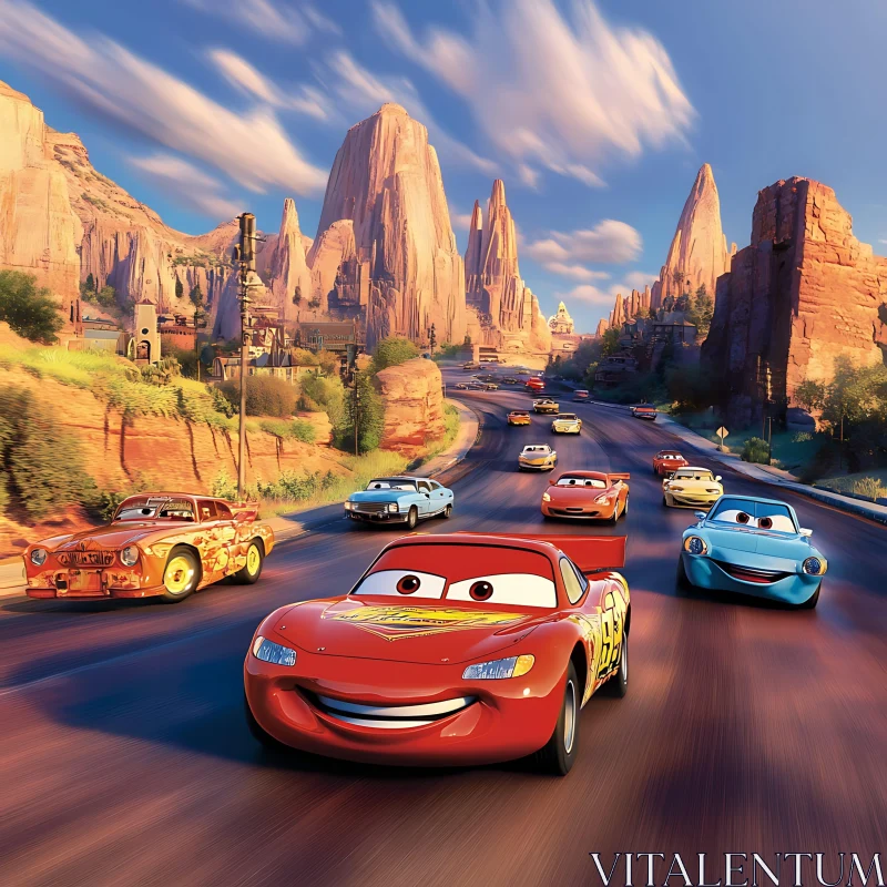 Animated Cars Racing in Desert Canyon AI Image