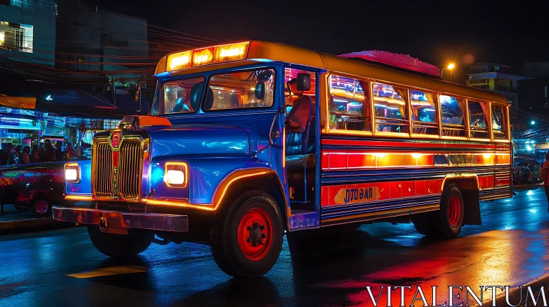 Brightly Lit City Bus on Night Street AI Image