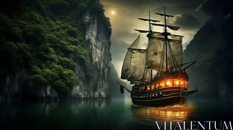 Romantic Sea Voyage: Nostalgic Pirate Ship Wallpaper AI Image