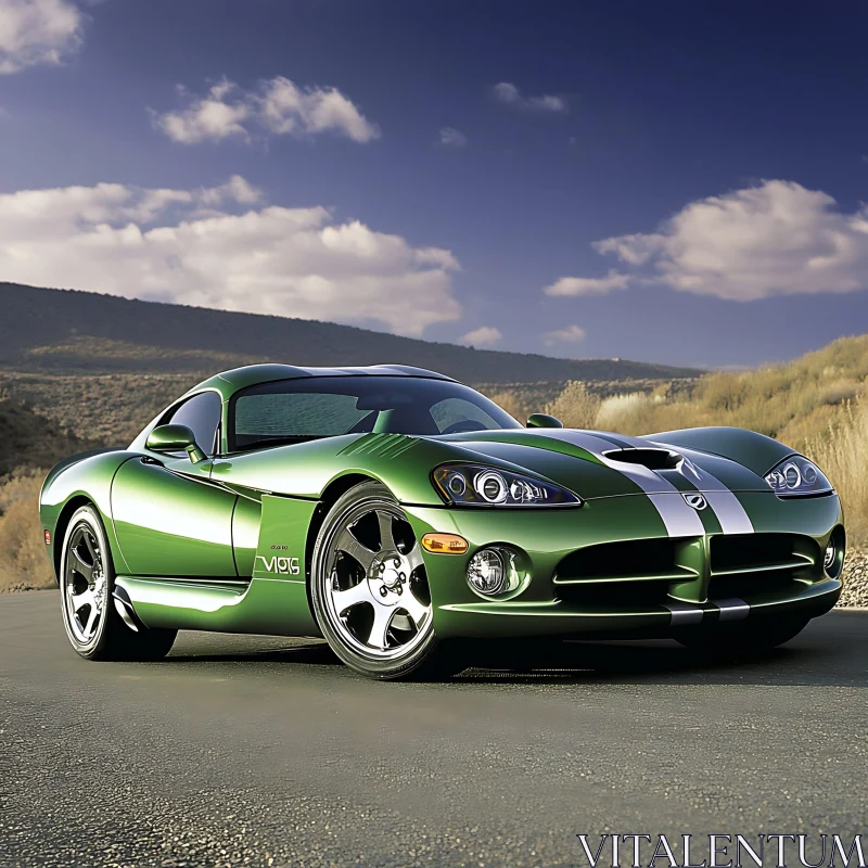 Green Sports Car with Chrome Wheels and White Stripes in Mountain View AI Image