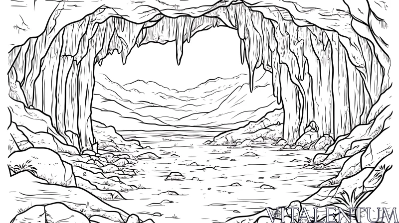 Intricate Line Art of Cave and Riverbed AI Image