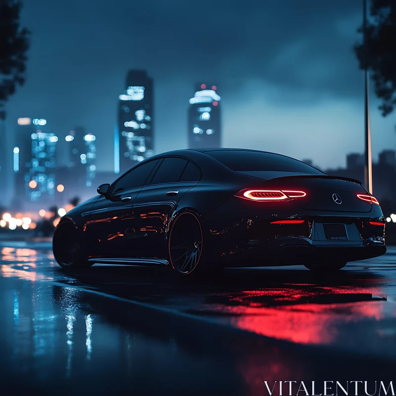 Luxury Sedan with Illuminated Cityscape AI Image