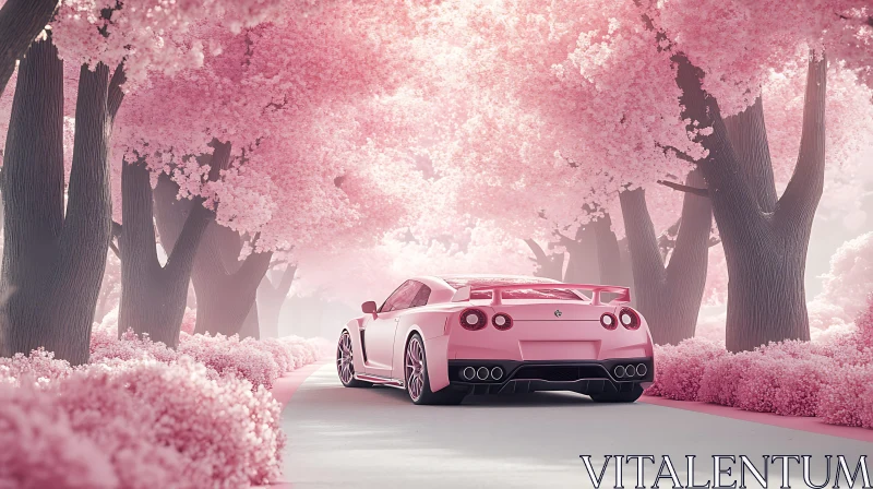 Pink Car Among Blossoms AI Image