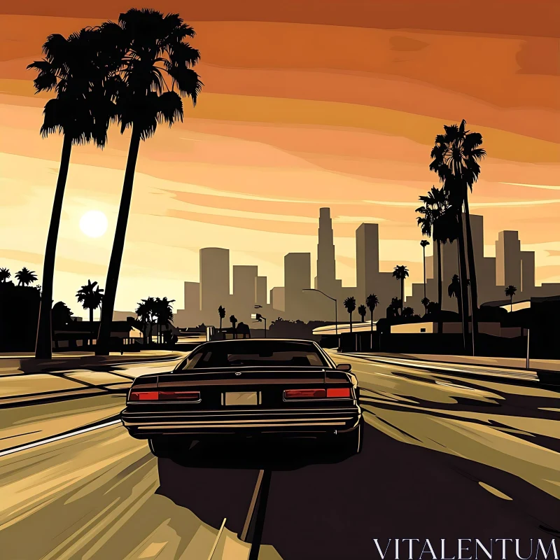 AI ART City Drive at Sunset with Palm Trees