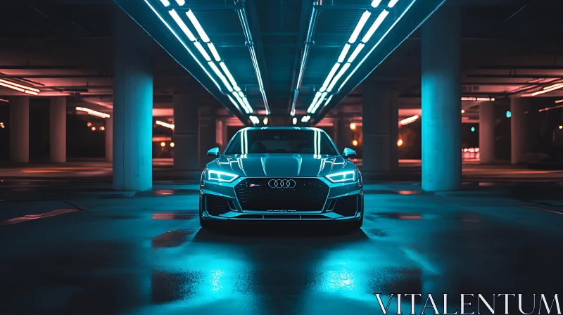 Audi Car Illuminated by Neon Lights AI Image