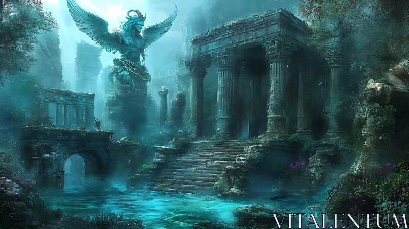 Ancient Temple Ruins with Majestic Winged Figure AI Image